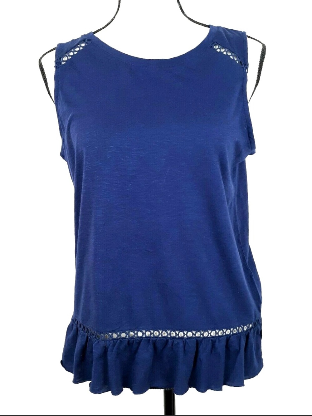 Maison Jules Split Back Top Women's Size Small Ruffles Sleeveless Navy Blue